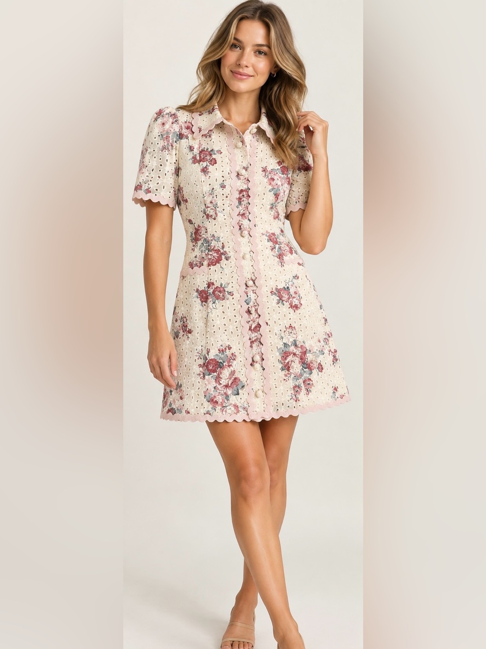 Aureum Floral Eyelet Button Front Mini Dress Cream Burgundy Rose Cottagecore | M